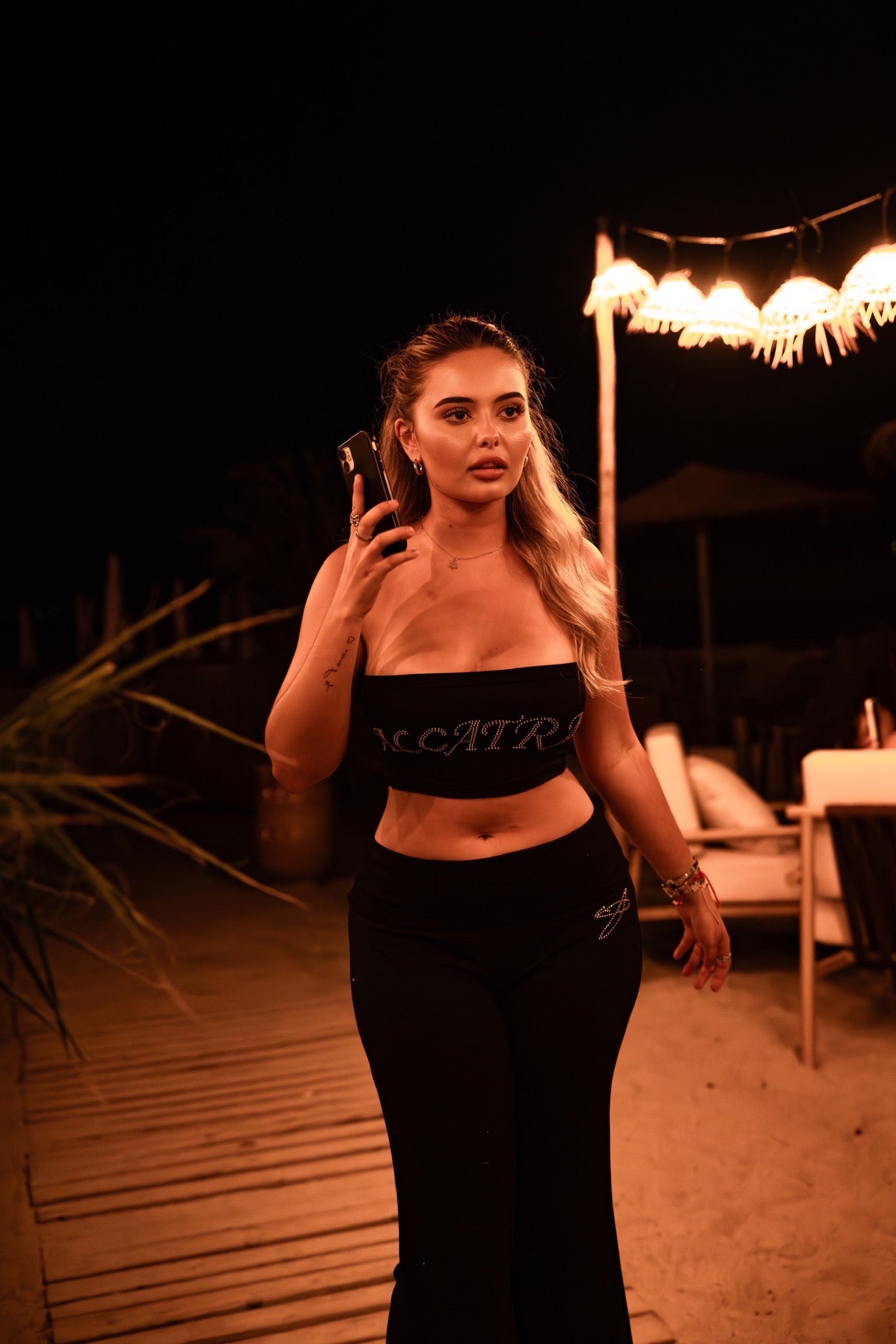 Ensemble strass ALCATRA Bandeau + Pantalon Flare - Noir