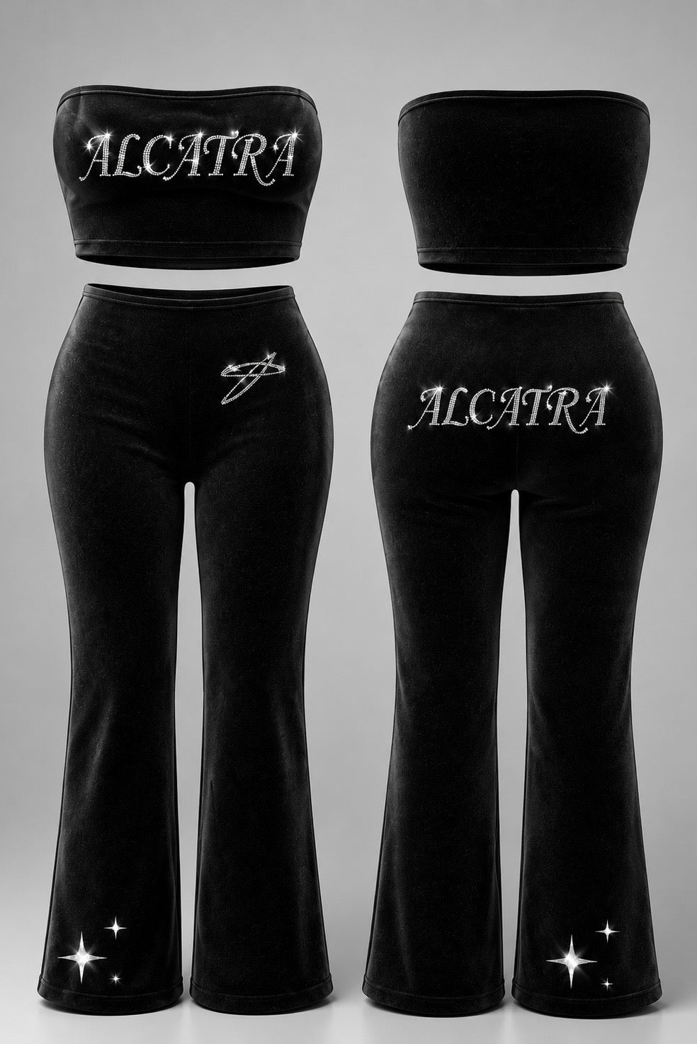 Ensemble strass ALCATRA Bandeau + Pantalon Flare - Noir